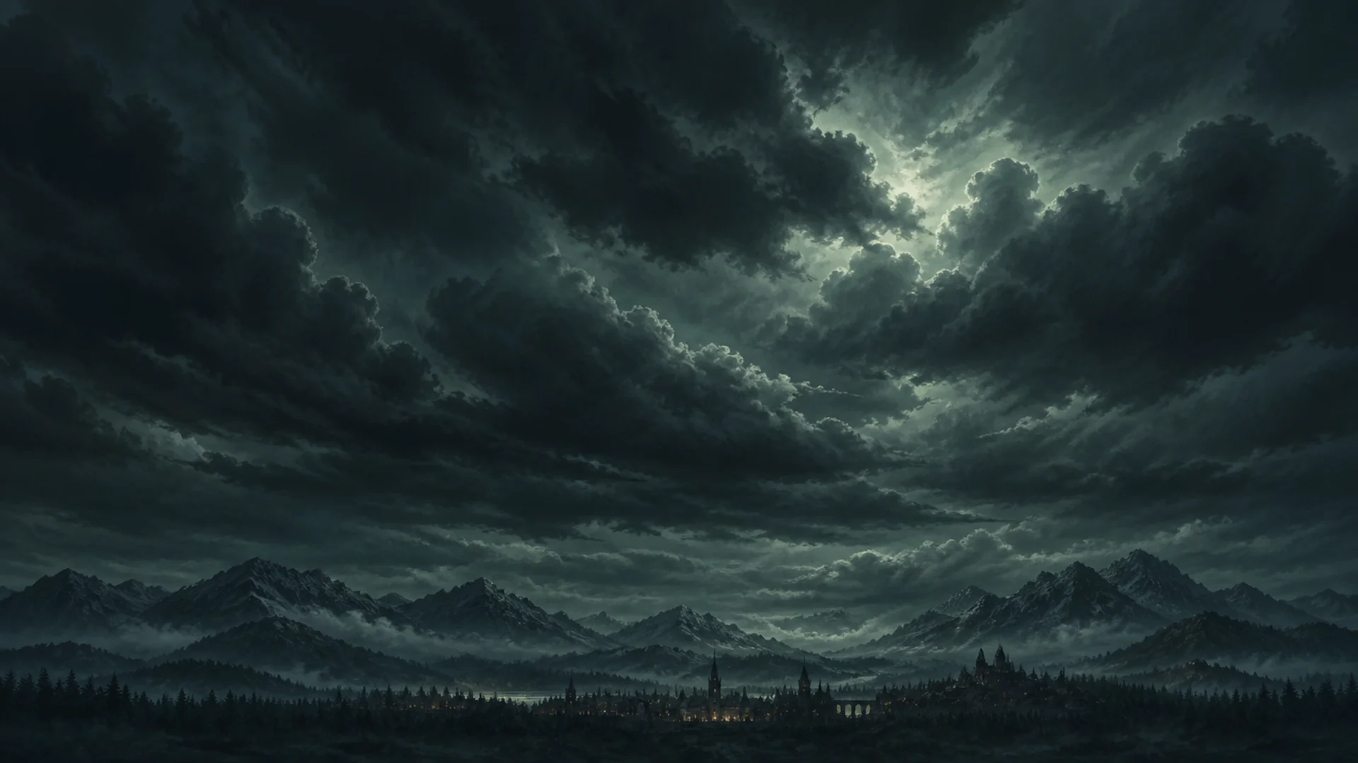 Warm windows glow in a distant mountain town beneath a deep blue, cloud-filled night sky.