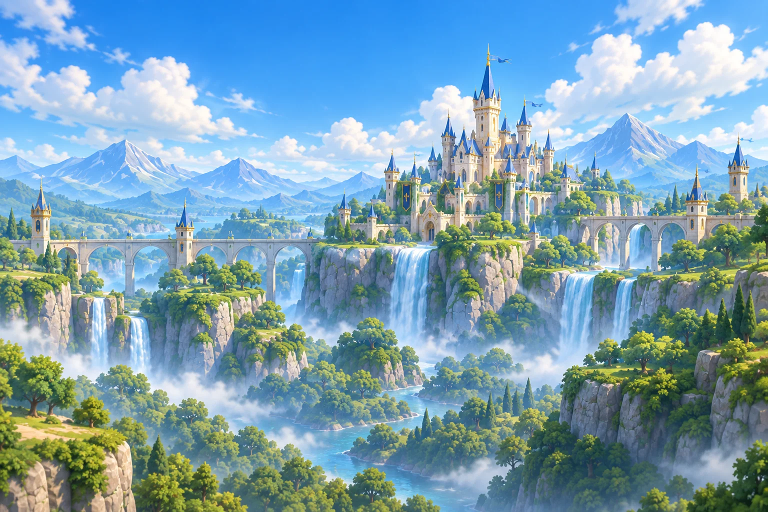 A sunlit castle rises above green cliffs, stone bridges, and cascading waterfalls.
