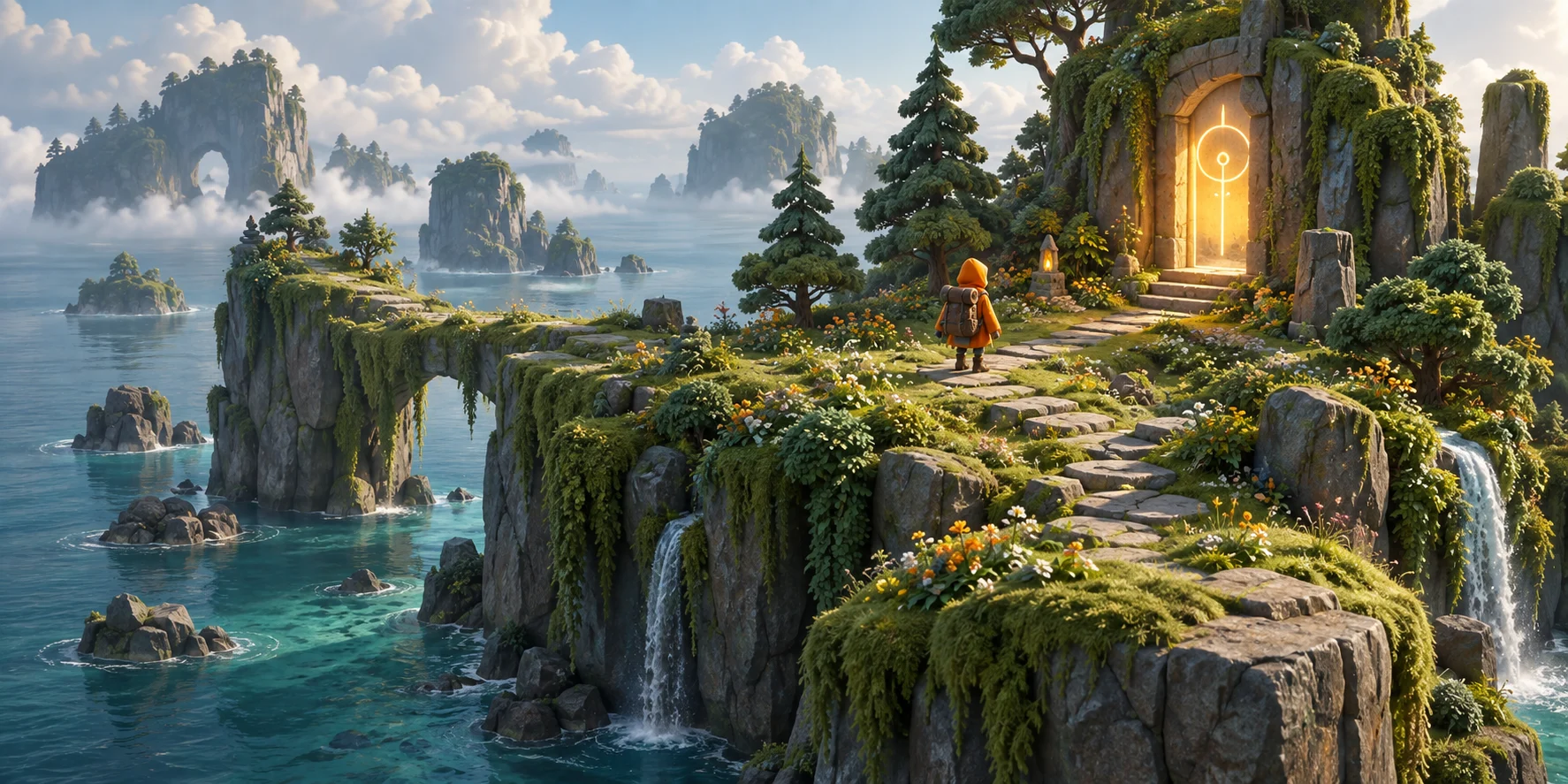 An orange-cloaked explorer follows a stone path through a lush island toward a glowing amber doorway.
